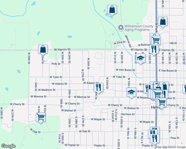 map of restaurants, bars, coffee shops, grocery stores, and more near 1105 West Tyler Street in Herrin