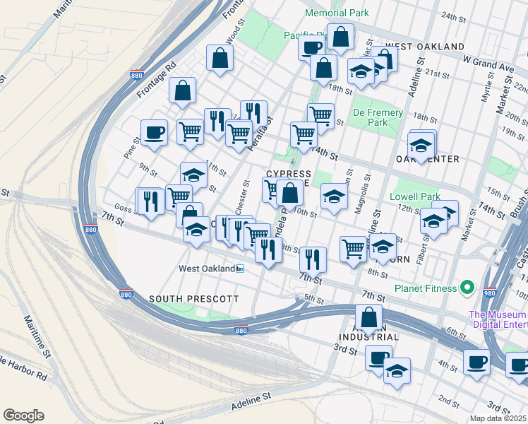 map of restaurants, bars, coffee shops, grocery stores, and more near 924 Center Street in Oakland