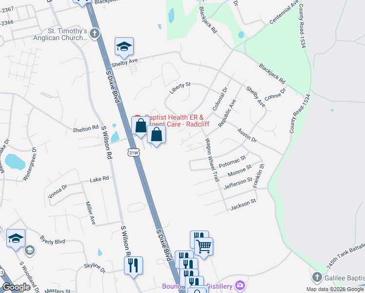 map of restaurants, bars, coffee shops, grocery stores, and more near 2804 Frontier Court in Radcliff