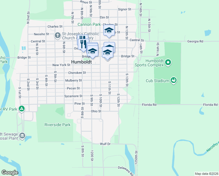 map of restaurants, bars, coffee shops, grocery stores, and more near 1099 Pecan St in Humboldt