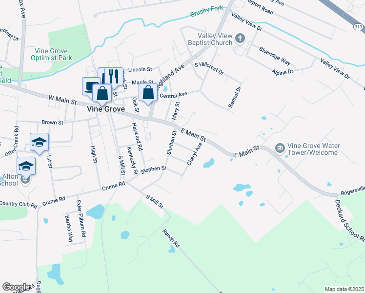 map of restaurants, bars, coffee shops, grocery stores, and more near 506 Saint Brigid Street in Vine Grove