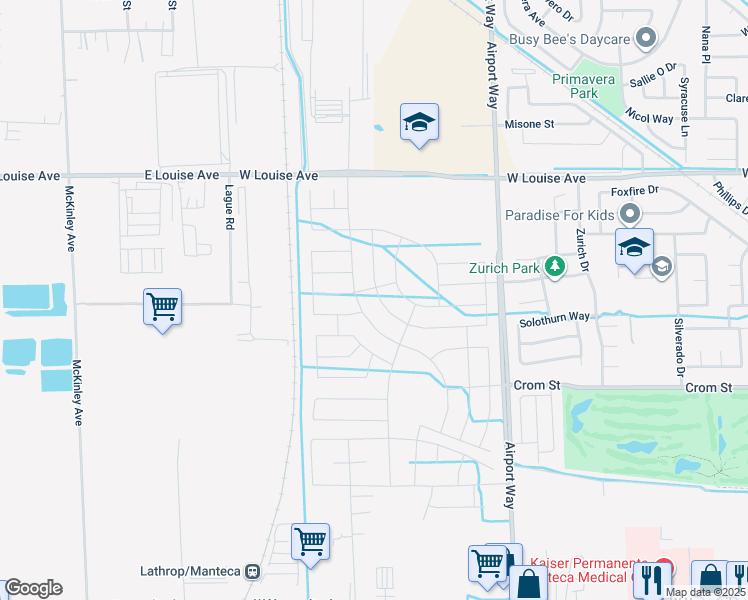 map of restaurants, bars, coffee shops, grocery stores, and more near 697 Airport Way in Manteca