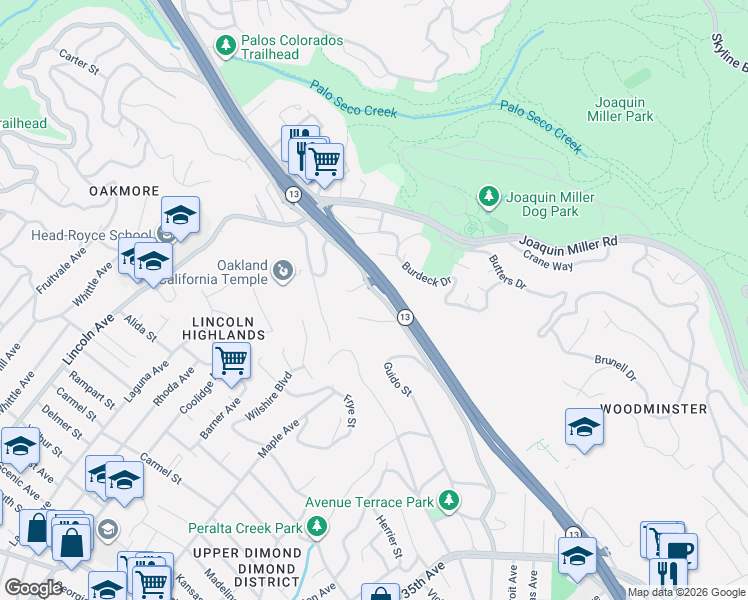 map of restaurants, bars, coffee shops, grocery stores, and more near 3119 Monterey Boulevard in Oakland