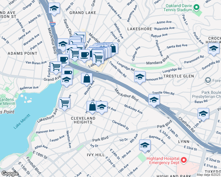 map of restaurants, bars, coffee shops, grocery stores, and more near 730 Hillgirt Circle in Oakland