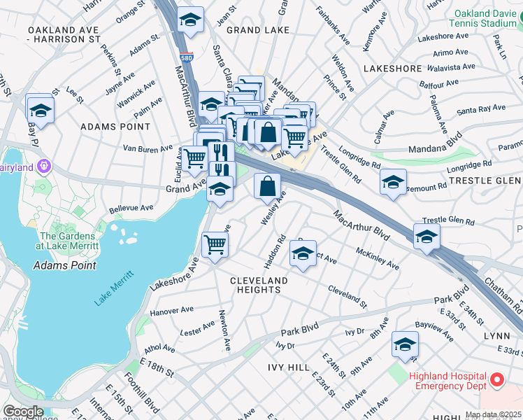 map of restaurants, bars, coffee shops, grocery stores, and more near 540 Merritt Avenue in Oakland