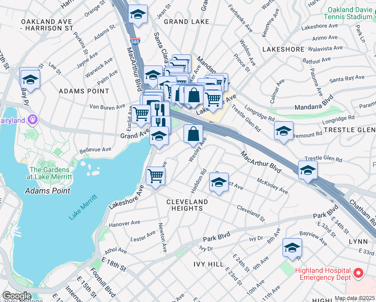 map of restaurants, bars, coffee shops, grocery stores, and more near 540 Merritt Avenue in Oakland