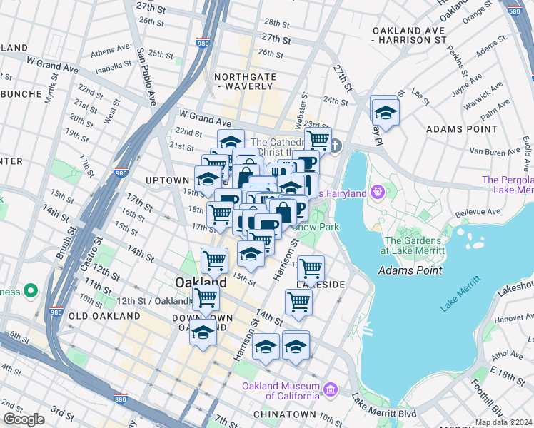 map of restaurants, bars, coffee shops, grocery stores, and more near 1935 Webster Street in Oakland