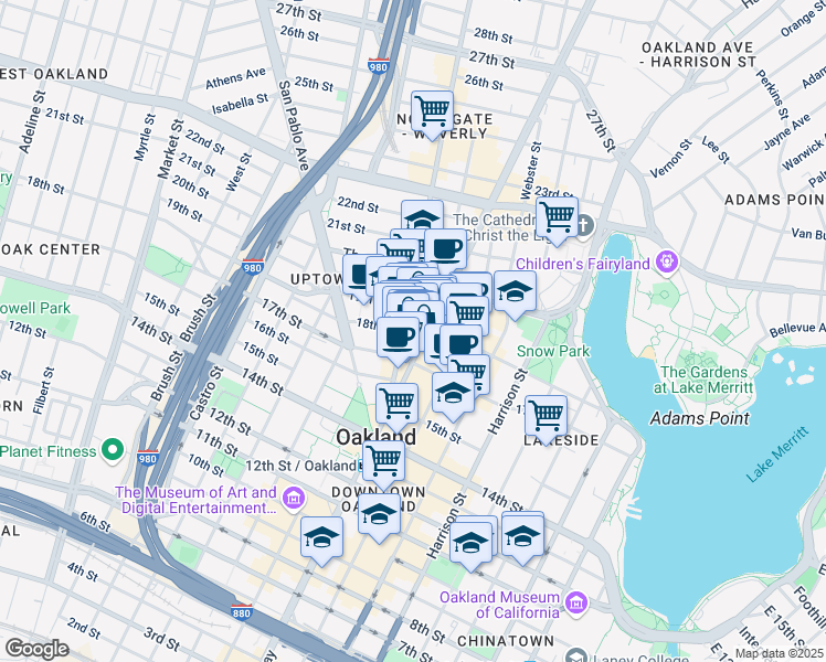 map of restaurants, bars, coffee shops, grocery stores, and more near 1753 Broadway in Oakland