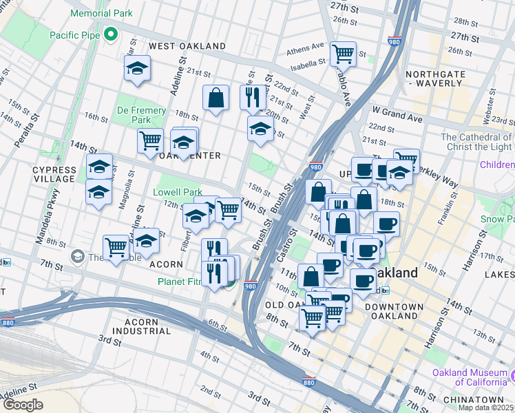 map of restaurants, bars, coffee shops, grocery stores, and more near 801 14th Street in Oakland