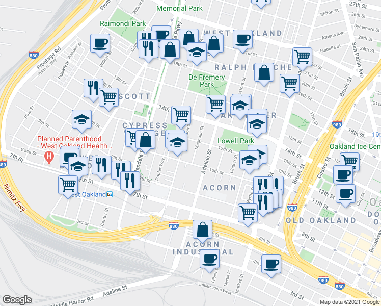 map of restaurants, bars, coffee shops, grocery stores, and more near in Oakland