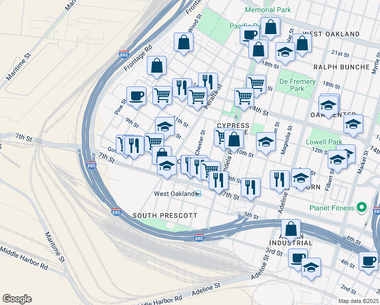 map of restaurants, bars, coffee shops, grocery stores, and more near 824 Henry Street in Oakland