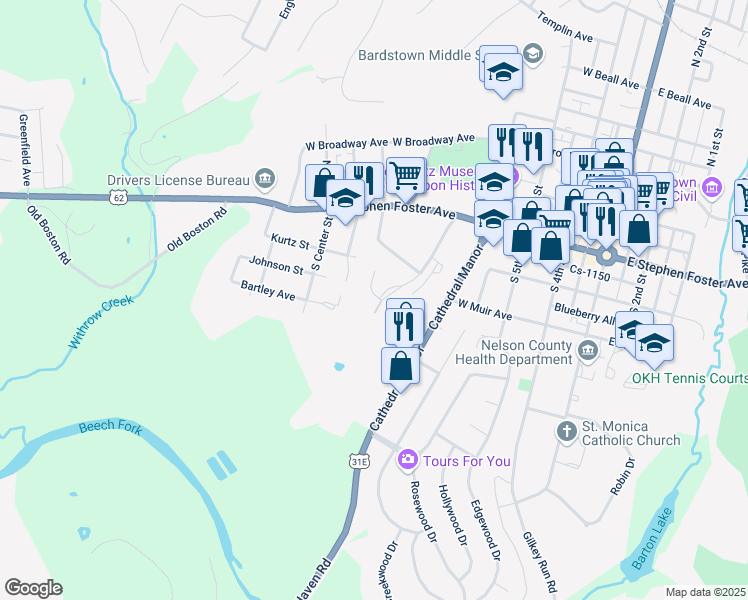 map of restaurants, bars, coffee shops, grocery stores, and more near 103 Pine Village Drive in Bardstown