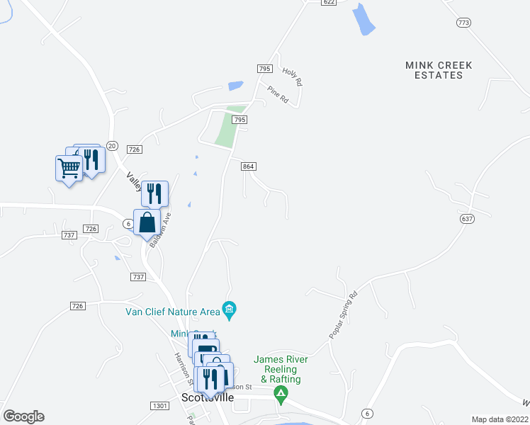 map of restaurants, bars, coffee shops, grocery stores, and more near 195 Dogwood Heights in Scottsville