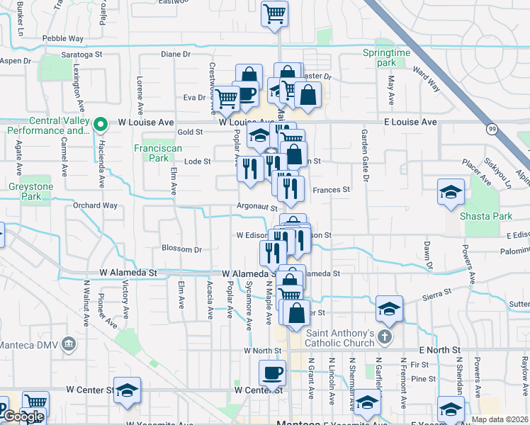 map of restaurants, bars, coffee shops, grocery stores, and more near 160 Argonaut Street in Manteca