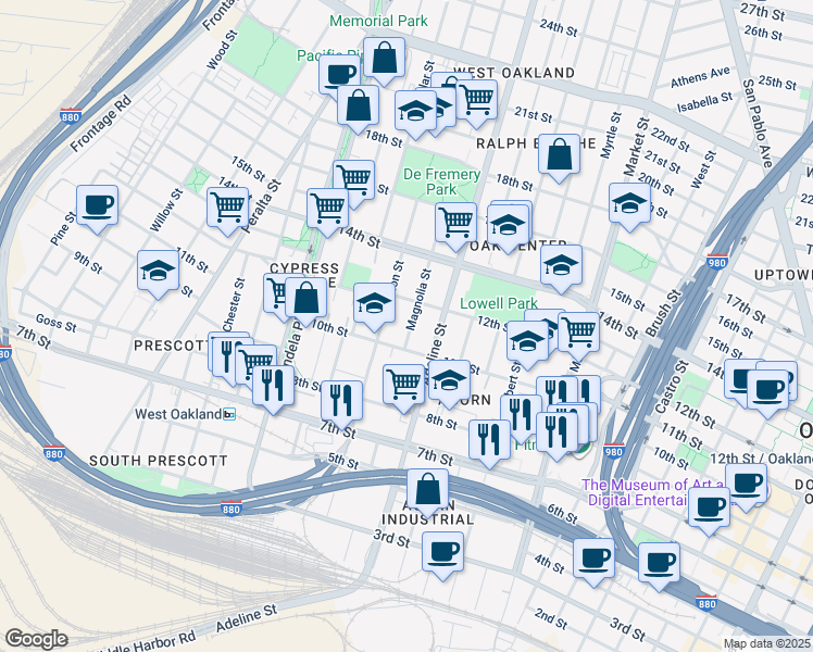 map of restaurants, bars, coffee shops, grocery stores, and more near 1039 Magnolia Street in Oakland