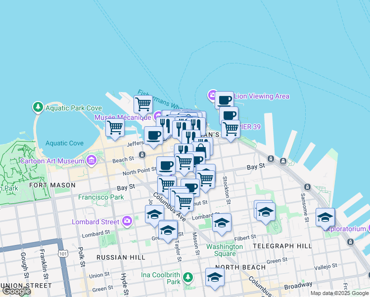 map of restaurants, bars, coffee shops, grocery stores, and more near 288 Beach Street in San Francisco
