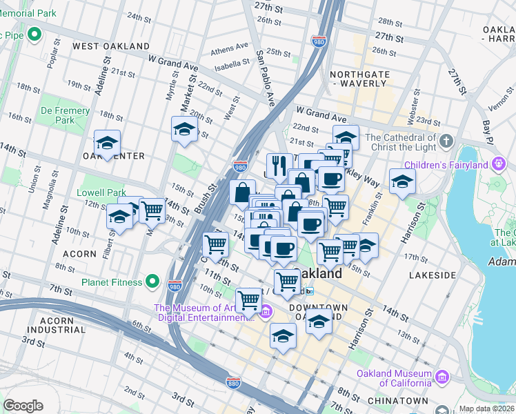 map of restaurants, bars, coffee shops, grocery stores, and more near 659 16th Street in Oakland