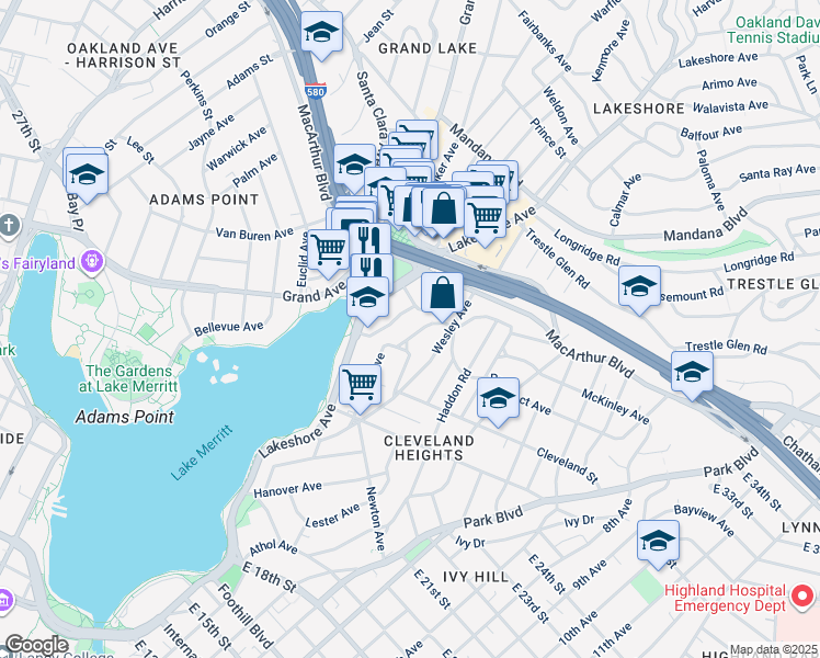 map of restaurants, bars, coffee shops, grocery stores, and more near 539 Merritt Avenue in Oakland