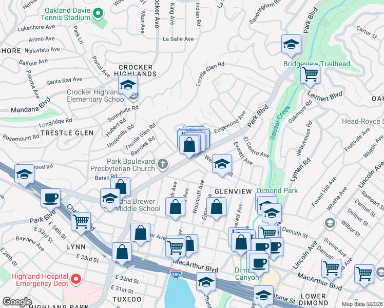map of restaurants, bars, coffee shops, grocery stores, and more near 4193 Park Boulevard in Oakland