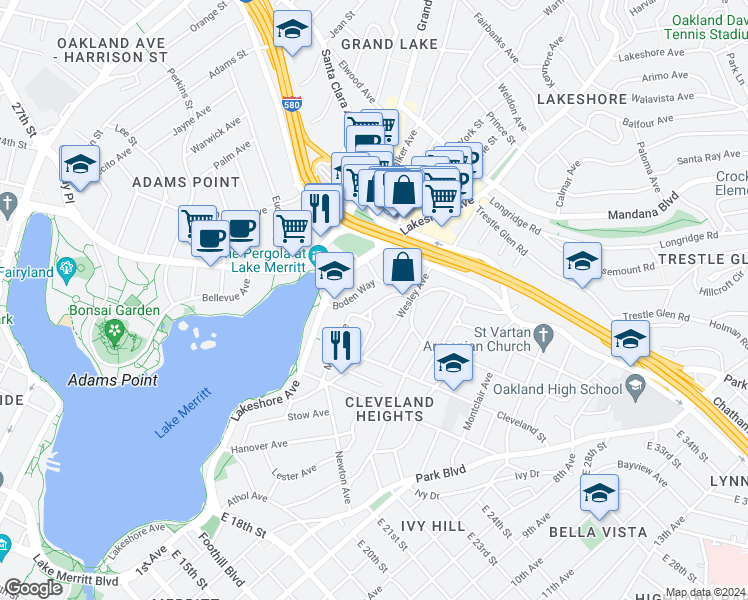 map of restaurants, bars, coffee shops, grocery stores, and more near 539 Merritt Avenue in Oakland