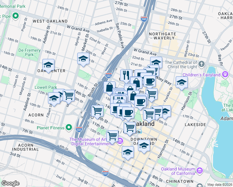 map of restaurants, bars, coffee shops, grocery stores, and more near 646 16th Street in Oakland