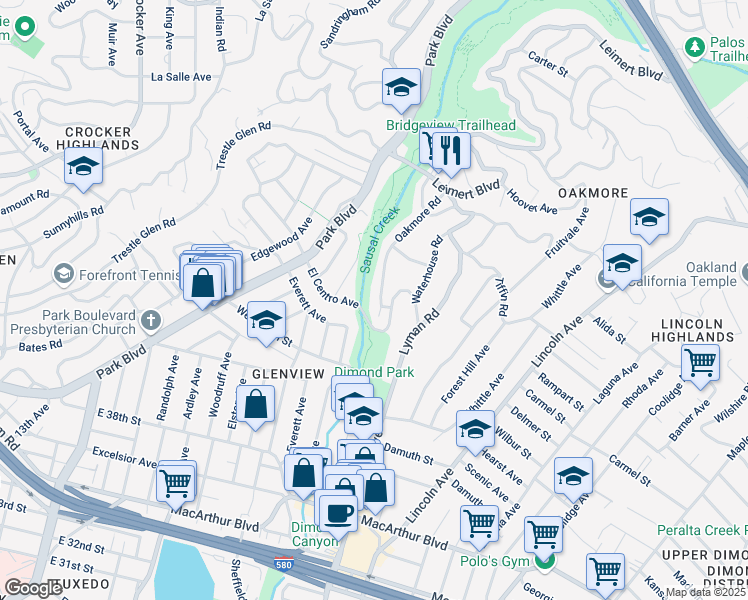 map of restaurants, bars, coffee shops, grocery stores, and more near 3933 Oakmore Road in Oakland
