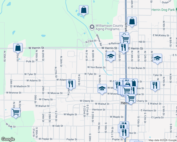 map of restaurants, bars, coffee shops, grocery stores, and more near 501 North 20th Street in Herrin