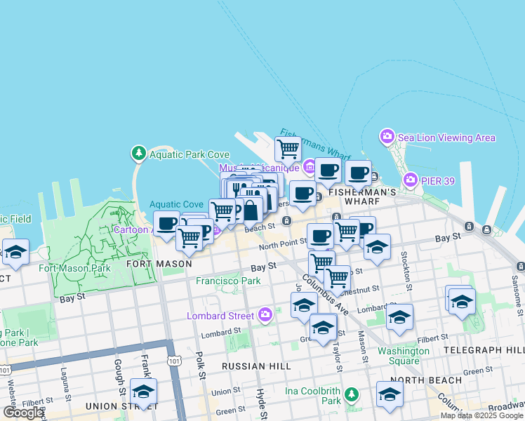 map of restaurants, bars, coffee shops, grocery stores, and more near 455 Jefferson Street in San Francisco