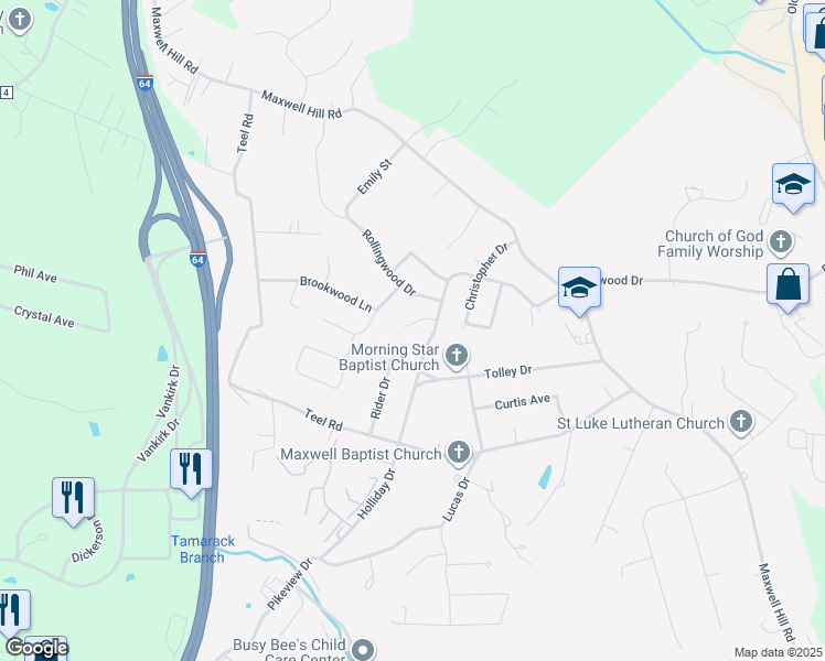 map of restaurants, bars, coffee shops, grocery stores, and more near 103 Elmridge Court in Beckley