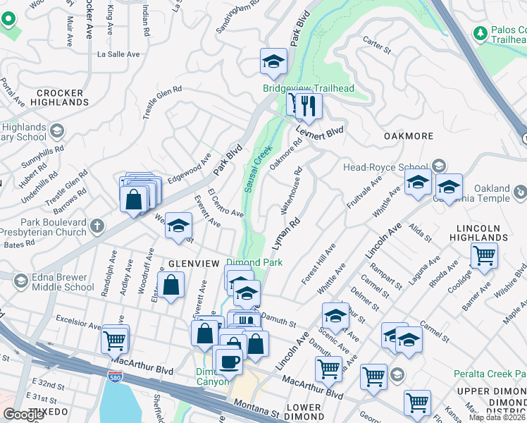 map of restaurants, bars, coffee shops, grocery stores, and more near 3938 Oakmore Road in Oakland