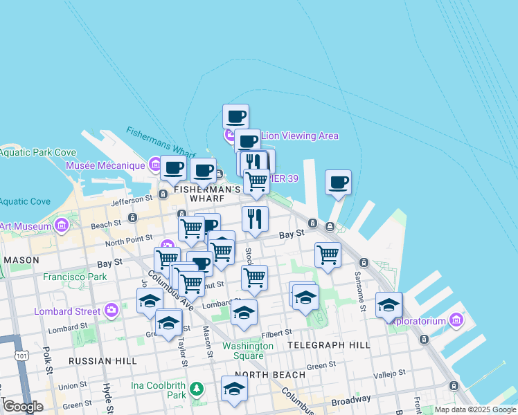 map of restaurants, bars, coffee shops, grocery stores, and more near 23 Beach Street in San Francisco