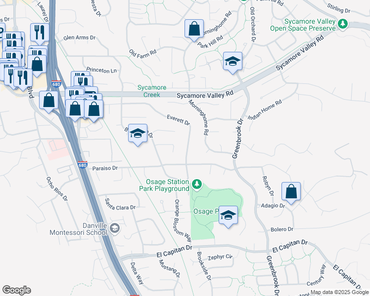 map of restaurants, bars, coffee shops, grocery stores, and more near 703 Everett Drive in Danville