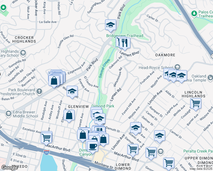 map of restaurants, bars, coffee shops, grocery stores, and more near 3938 Oakmore Road in Oakland
