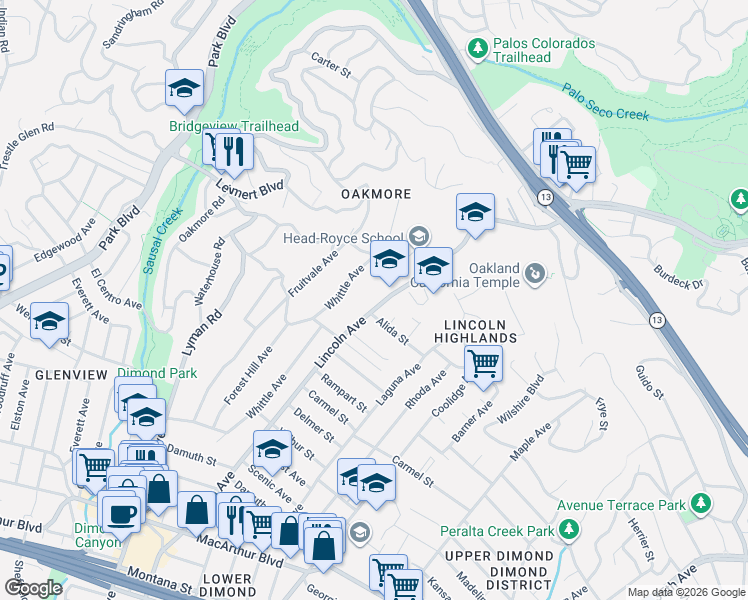 map of restaurants, bars, coffee shops, grocery stores, and more near 4167 Lincoln Avenue in Oakland