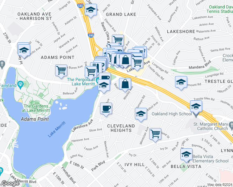 map of restaurants, bars, coffee shops, grocery stores, and more near 540 Merritt Avenue in Oakland
