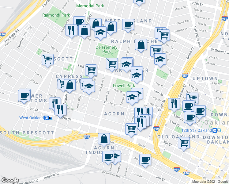 map of restaurants, bars, coffee shops, grocery stores, and more near 1115 Chestnut Street in Oakland