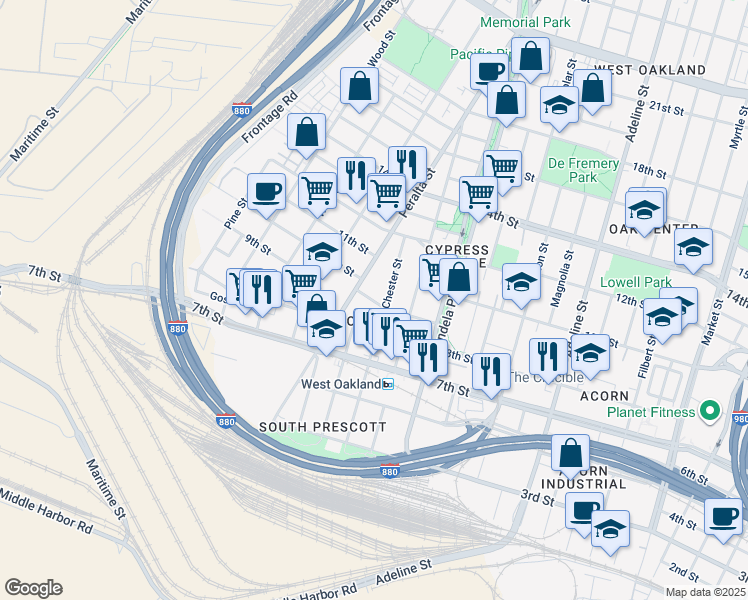 map of restaurants, bars, coffee shops, grocery stores, and more near 824 Henry Street in Oakland