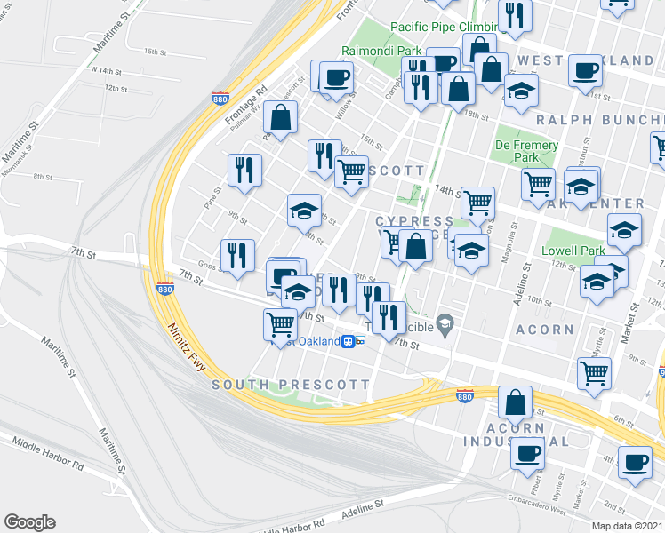 map of restaurants, bars, coffee shops, grocery stores, and more near 824 Henry Street in Oakland