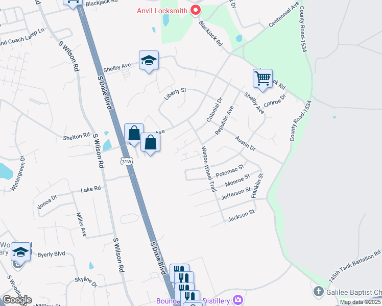 map of restaurants, bars, coffee shops, grocery stores, and more near 2925 Crockett Court in Radcliff