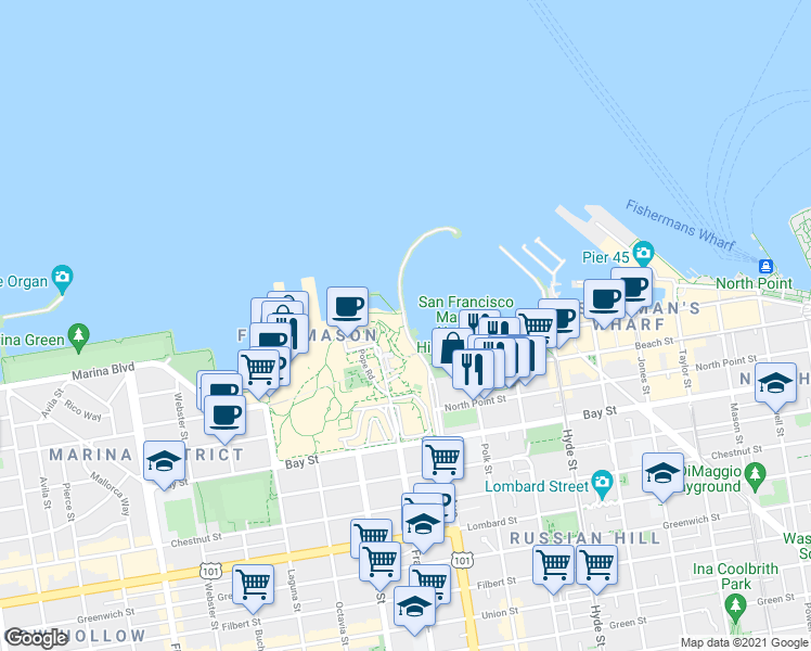 map of restaurants, bars, coffee shops, grocery stores, and more near 3299 Van Ness Avenue in San Francisco