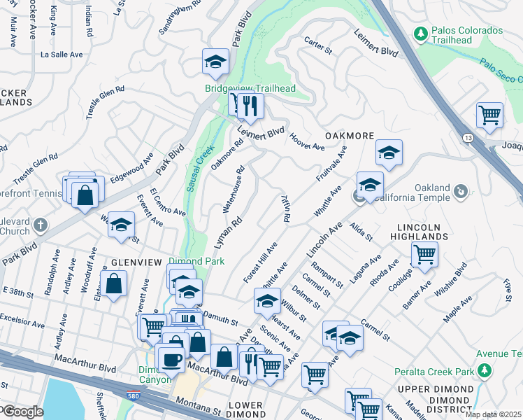 map of restaurants, bars, coffee shops, grocery stores, and more near 4047 Harding Way in Oakland