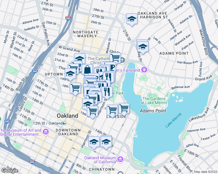 map of restaurants, bars, coffee shops, grocery stores, and more near 1999 Harrison Street in Oakland