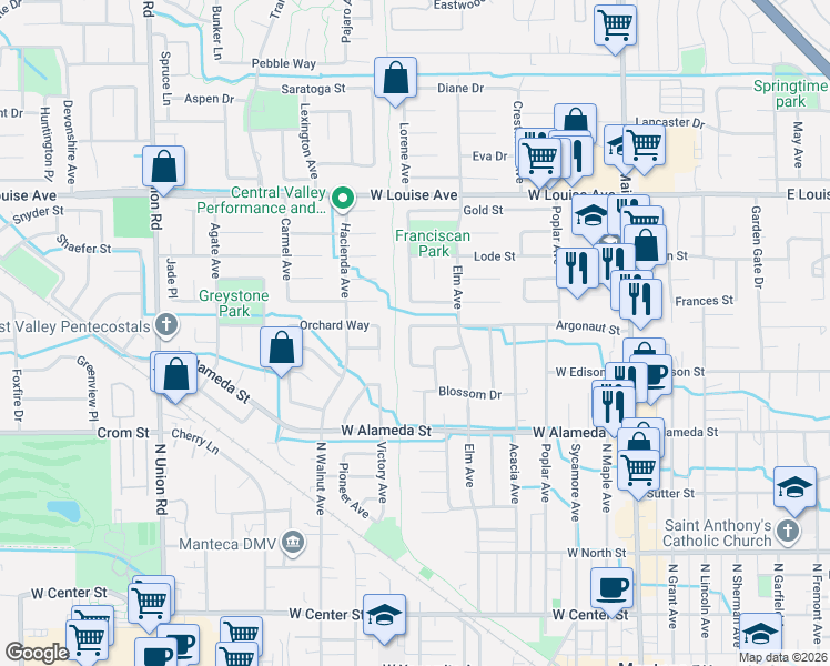 map of restaurants, bars, coffee shops, grocery stores, and more near 672 Argonaut Street in Manteca