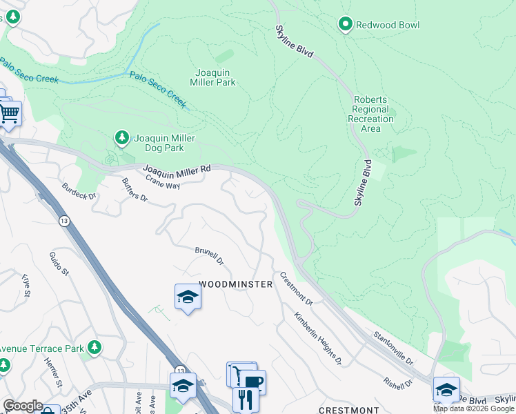 map of restaurants, bars, coffee shops, grocery stores, and more near 3320 Robinson Drive in Oakland