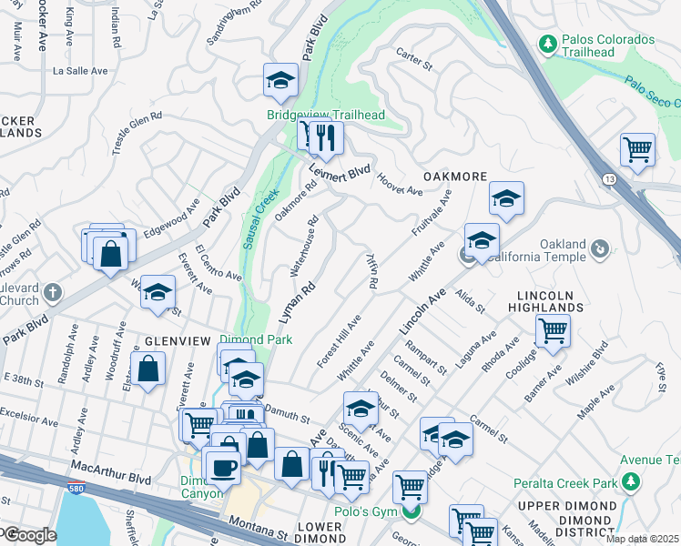 map of restaurants, bars, coffee shops, grocery stores, and more near 4047 Harding Way in Oakland