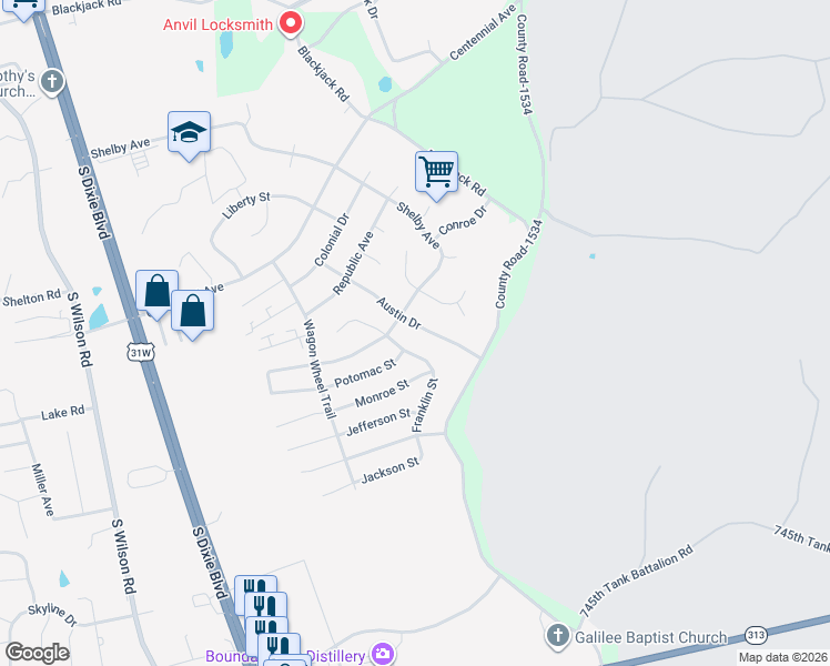 map of restaurants, bars, coffee shops, grocery stores, and more near 932 Austin Drive in Radcliff