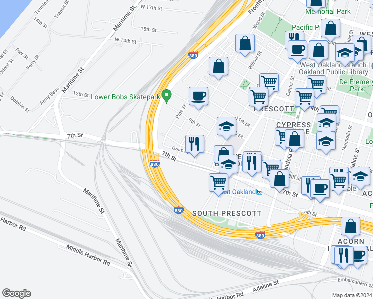 map of restaurants, bars, coffee shops, grocery stores, and more near 1731 8th Street in Oakland
