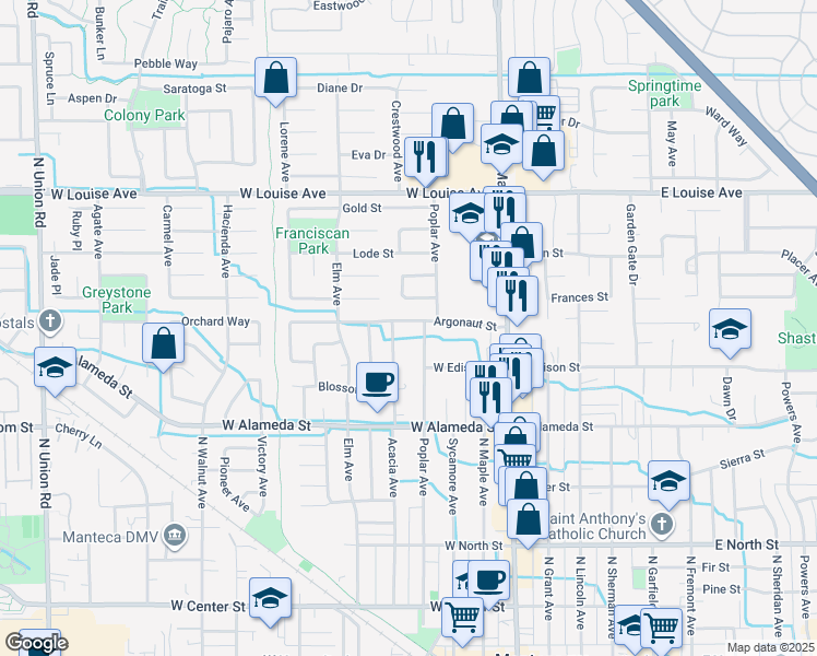map of restaurants, bars, coffee shops, grocery stores, and more near 652 Acacia Avenue in Manteca