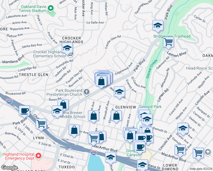map of restaurants, bars, coffee shops, grocery stores, and more near Park Blvd & Wellington St in Oakland