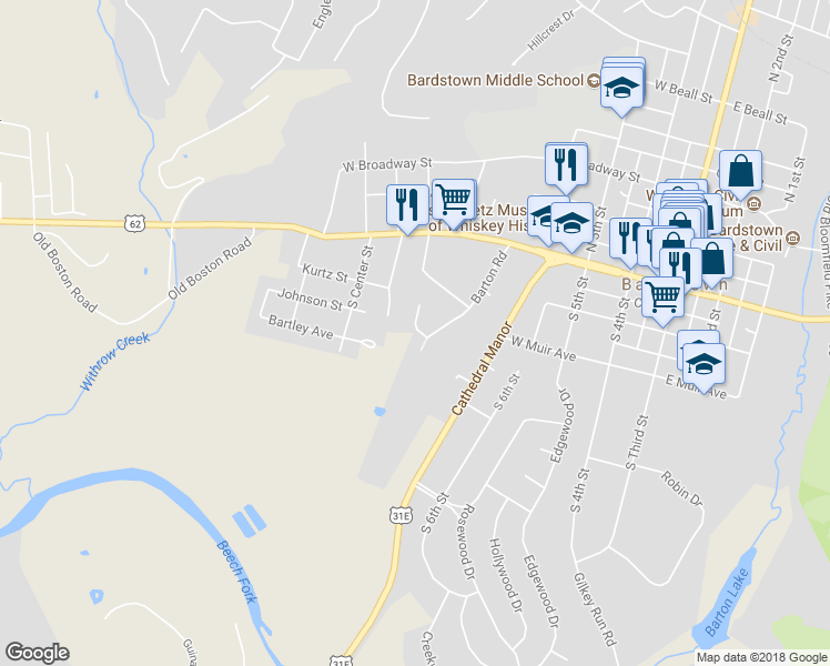 map of restaurants, bars, coffee shops, grocery stores, and more near 103 Pine Village Drive in Bardstown